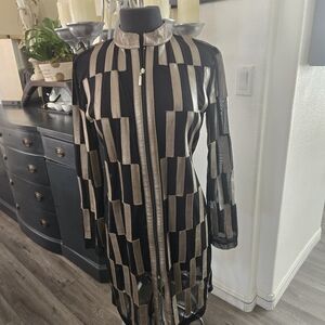 Black and Gold Sheer Geometric Zip-Front Dress